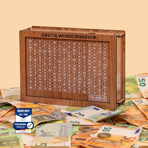 Spardose mit Namensgravur 10.000€ • SparBox: Das Original (6 Größen) • Wiederverwendbar • mit Zahlen zum ankreuzen • Geschenk für Kinder & Erwachsene von SavinX