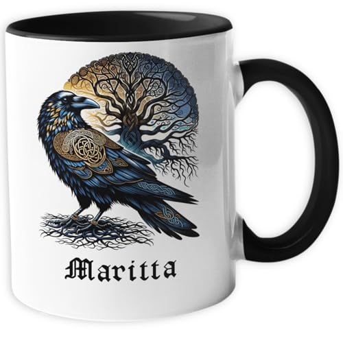 Personalisierte Wikinger Tasse | Motiv Rabe mit Yggdrasil, die Weltenesche | mit Namen personalisiert, Keramik Kaffeetasse Metbecher mit Wunschname 330 ml 38 von Generisch