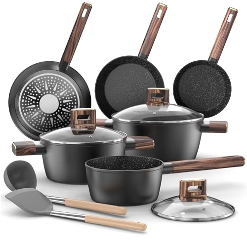 Pfannenset 11-teiliges - Kochtopf Set Induktion Antihaft-Kochgeschirr Töpfe Set aus Aluminium, Pfanne 20/28cm, Tiefe Bratpfanne 24cm, Kochtöpfe mit Deckel 16/20/24cm, PFOA-, PFOS- Pfannenset 11-teiliges - Kochtopf Set Induktion Antihaft-Kochgeschirr Töpfe Set aus Aluminium, Pfanne 20/28cm, Tiefe Bratpfanne 24cm, Kochtöpfe mit Deckel 16/20/24cm, PFOA-, PFOS- von Generisch