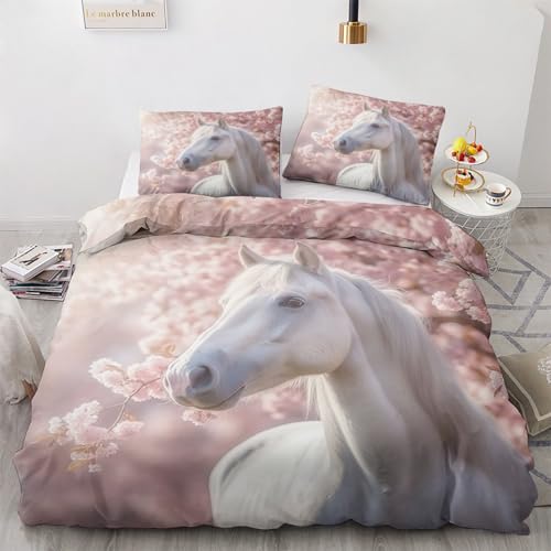 Pferd Deko - Sommer Bettwäsche 135x200 Pferde, Mädchen Bettbezug 135 x 200 2er Set mit Kissenbezug 80x80, Weiche Mikrofaser Sommerbettwäsche mit Reißverschluss von Generisch