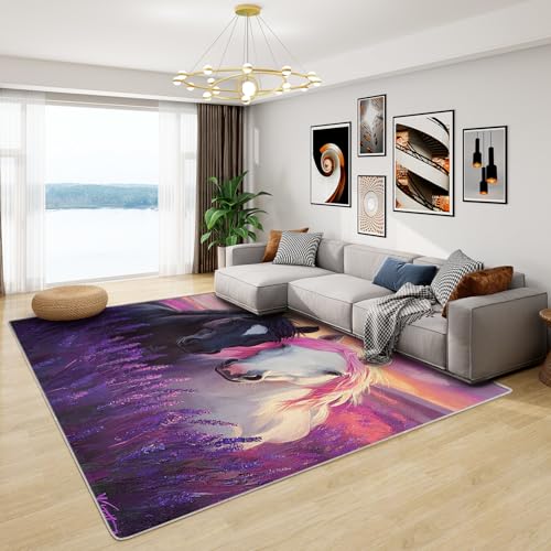 Pferde Teppich Kinderzimmer - Teppich Wohnzimmer Schlafzimmer Mädchen Pferd, Kleiner Teppich Kinder Pferde Lila, Weich Kurzflor & Waschbar & rutschfest Fussmatte Innen, Kinderteppich 60x90 cm von Generisch