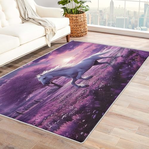 Pferde Teppich Kinderzimmer - Wohnzimmer Schlafzimmer Pferdemotiv, Kleiner Mädchen Pferd Lila, Weich Kurzflor & Waschbar & Rutschfest Fussmatte Innen, Kinderteppich 50x80 cm von Generisch