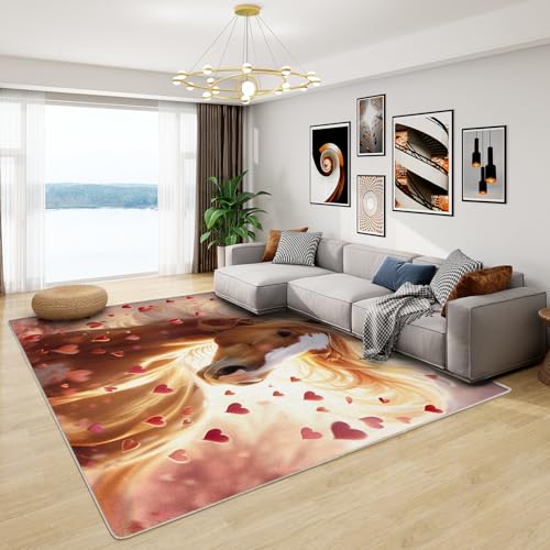 Pferde Teppich Mädchen - Teppich Wohnzimmer Schlafzimmer Pferde Kinderzimmer, Kleiner Teppich Rosa, Weich Kurzflor & Waschbar & rutschfest Fussmatte Innen, Kinderteppich 60x90 cm von Generisch