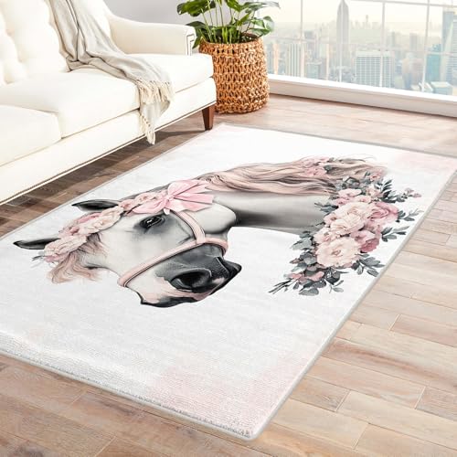Pferde Teppich Mädchen - Teppich Wohnzimmer Schlafzimmer Rosa Blumen, Kleiner Teppich Kinderzimmer Pferd, Weich Kurzflor & Waschbar & rutschfest Fussmatte Innen, Kinderteppich 80x150 cm von Generisch