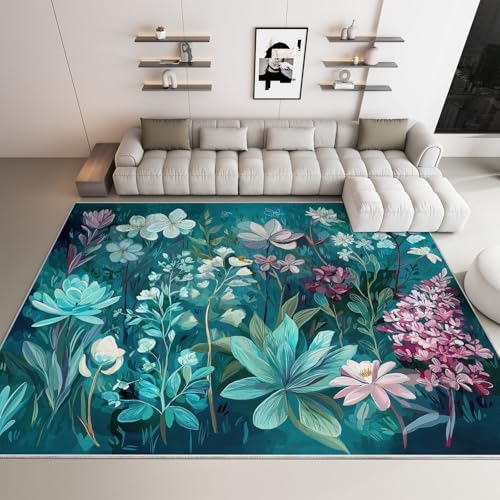 Pflanze Dschungel Blumen Teppich Wohnzimmer 60 x 90 cm Supersoft Kurzflor Teppich Schlafzimmer, Waschbar Anti-Rutsch fussmatte für Jugendzimmer Badezimmer, Türkis von Generisch