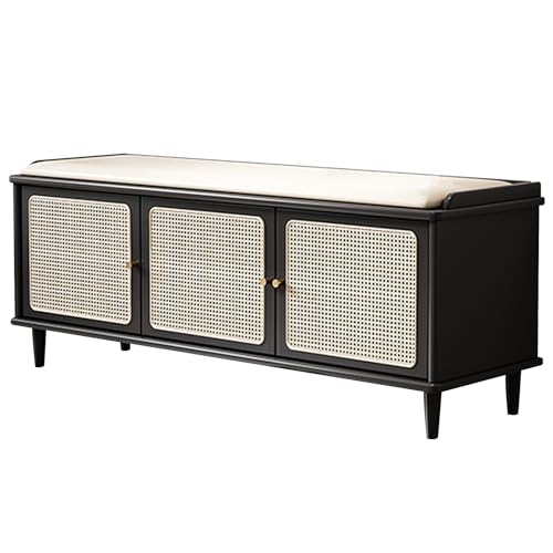 Platzsparende schwarze Schuhbank mit Massivholz und Rattan-Eingangssitz für Flur, Schlafzimmer, Wohnzimmer, 118 cm, Cassapanca Scarpiera von Generisch