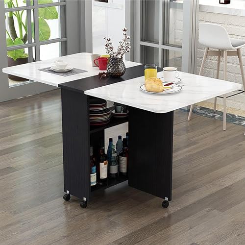 Platzsparender klappbarer Esstisch mit Rollen, mobiles Klappgateleg-Design, ausziehbar und vielseitig für Arbeit, Studium und Esszimmer, 2 offene Ablagen, Schwarz und Weiß von Generisch