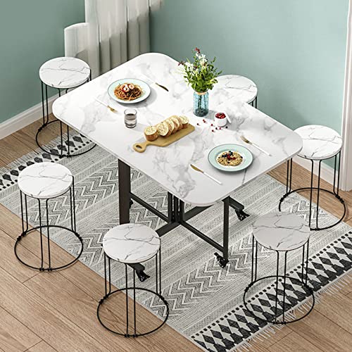 Platzsparender klappbarer Esstisch mit feststellbaren Rädern, tragbar und leicht zu bewegen für kleine Räume, stilvolles weißes Design mit 6 Hockern, perfekt für Esszimmer, Unterhaltung und von Generisch