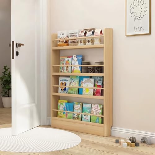 Platzsparendes Bücherregal mit 4 Ebenen hinter der Tür – schlankes Regal aus natürlichem Kiefernholz – Wandaufbewahrung für Spielzeug und Bücher, 90 cm von Generisch