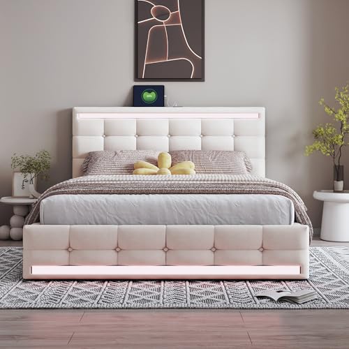 Polsterbett 140 * 200 Gepolstertes -Bettgestell mit großem Stauraum und 2 USB-Ladestationen, Bettgestell Kopfteil höhenverstellbar, großer Stauraum aus Leinenstoff Gepolstertes Plattformbett Beige von Generisch