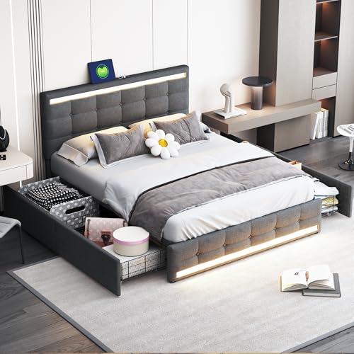 Polsterbett 140 * 200 -Polsterbett mit 4 Schubladen und 2 USB-Ladestationen, Bettrahmen mit -Kopfteil-Fußteil, gepolstertes Plattformbett mit Stauraum, Leinenstoff Grau von Generisch