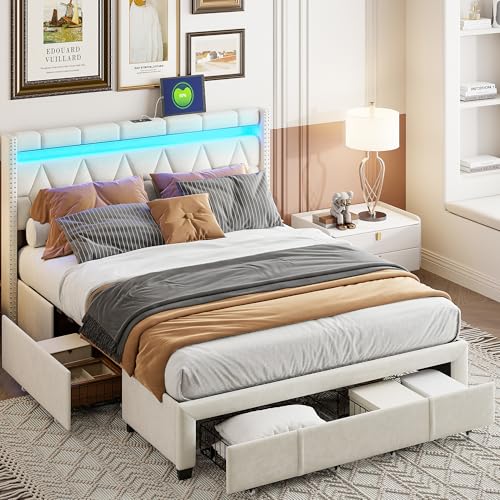 Polsterbett 140 x 200 cm, LED Doppelbett mit Kopfteil und Lattenrost, Einzelbett mit 4 Großer Schubladen, Stauraumbett Funktionsbetten Rückenlehne Bettgestell, Jugendbett, Leinen, Ohne Matratze von Generisch
