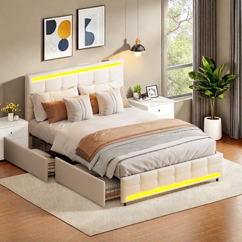 Polsterbett 140x200cm, Doppelbett Stauraumbett mit LED-Beleuchtung & 4 Stauraum Schubladen & LED-Bett & USB Ladefunktion, Jugendbett Bettgestell mit Lattenrost aus Holz, Beige, Ohne Matratze Polsterbett 140x200cm, Doppelbett Stauraumbett mit LED-Beleuchtung & 4 Stauraum Schubladen & LED-Bett & USB Ladefunktion, Jugendbett Bettgestell mit Lattenrost aus Holz, Beige, Ohne Matratze von Generisch