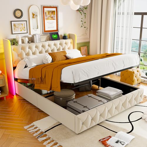 Polsterbett 140x200cm, Doppelbett mit LED-Beleuchtung und USB & Typ-C Ladefunktion, Jugendbett Hydraulisches Bett mit Stauraum, Funktionsbett, Bettgestell mit Lattenrost, Ohne Matratze, Beige von Generisch
