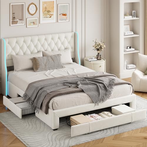 Polsterbett 160 x 200 cm, LED Doppelbett mit Kopfteil und Lattenrost, Einzelbett mit 3 Großer Schubladen, Stauraumbett Funktionsbetten Rückenlehne Bettgestell, Jugendbett,Samt, Ohne Matratze von Generisch
