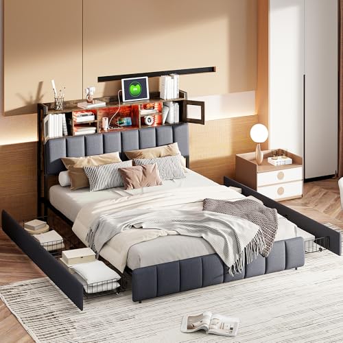 Polsterbett 160 x 200 cm, LED Doppelbett mit Kopfteil und Lattenrost, Einzelbett mit 4 Großer Schubladen, Stauraumbett Funktionsbetten Rückenlehne Bettgestell, Jugendbett, Leinen, Ohne Matratze von Generisch
