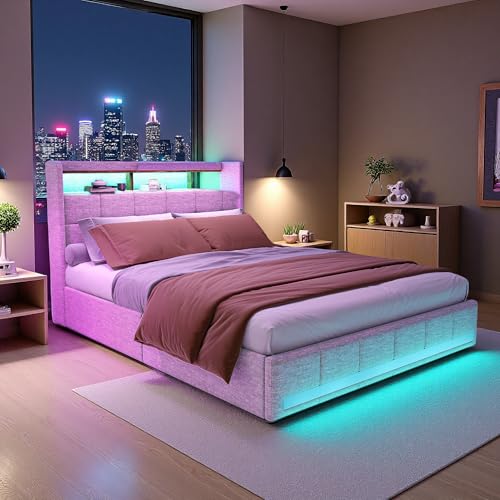Polsterbett 160x200cm mit 4 Schubladen, Stauraumbett Doppelbett mit Stauraum und Lattenrost, Funktionsbett – LED-Kopfteil mit USB-Ladefunktion. Bett für Erwachsene und Jugendliche. Leinen (beige) von Generisch