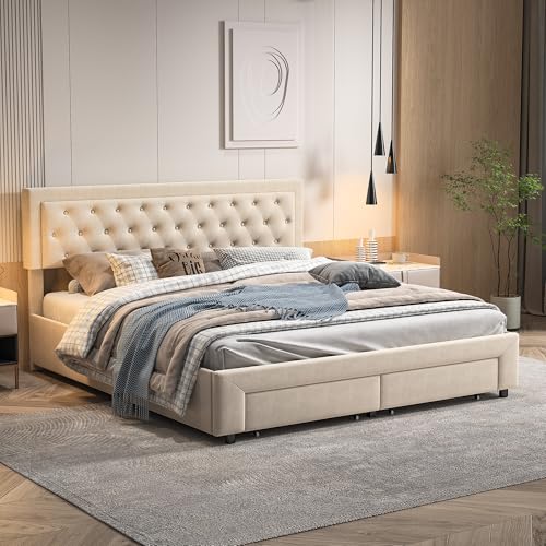 Polsterbett 180x200 cm, Doppelbett mit 2 Großer Schublade, Hydraulisch Stauraumbett Funktionsbett mit Großer Stauraum, Bettrahmen mit Lattenrost und Kopfteil, Einzelbett, Samt, Beige, Ohne Matratze Polsterbett 180x200 cm, Doppelbett mit 2 Großer Schublade, Hydraulisch Stauraumbett Funktionsbett mit Großer Stauraum, Bettrahmen mit Lattenrost und Kopfteil, Einzelbett, Samt, Beige, Ohne Matratze von Generisch