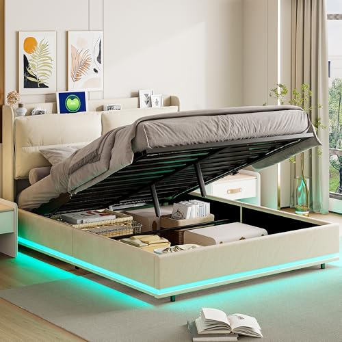 Polsterbett Doppelbett 140x200 cm mit Kabelloser Aufladung, LED Beleuchtung, USB-A&USB-C; Hydraulisch Stauraumbett Funktionsbett mit Großer Stauraum, Lattenrost und Polster Kopfteil; Samt, Beige Polsterbett Doppelbett 140x200 cm mit Kabelloser Aufladung, LED Beleuchtung, USB-A&USB-C; Hydraulisch Stauraumbett Funktionsbett mit Großer Stauraum, Lattenrost und Polster Kopfteil; Samt, Beige von Generisch