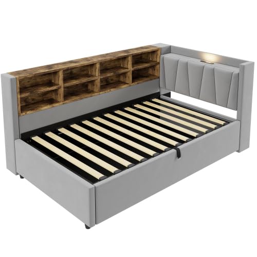 Polsterbett Schlafsofa 90*200 cm, Mit Hydraulischem Stauraum, Mit Nachtlicht, USB- und Typ-C-Ladeanschluss, Mit Ablagen und Staufächern, Gepolstertes Kopfteil, Multifunktionsbett, Samtstoff, Hellgrau von Generisch
