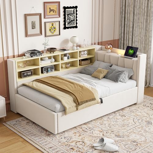 Polsterbett Schlafsofa 90 * 200 cm, Mit Hydraulischem Stauraum, Mit Nachtlicht, USB- und Typ-C-Ladeanschluss, Mit Ablagen und Staufächern, Gepolstertes Kopfteil, Multifunktionsbett, Samtstoff, Beige von Generisch