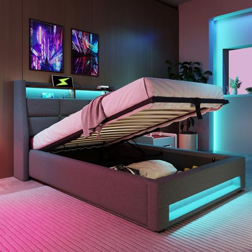 Polsterbett mit Dual-USB & LED Metall-Lattenrost Leinenstruktur Jugendbett (Grau 90 x 200 cm) - Moderne Schlafzimmermöbel für Teenager von Generisch