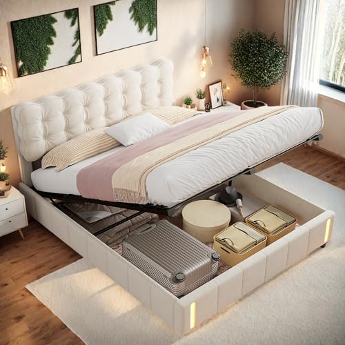Generisch Polsterbett 160x200cm mit Kopfteil, Doppelbett mit Sensor LED Lichtleiste, Hydraulisches Bett mit Unterbettstauraum, Bettrahmen mit Lattenrost, Samt Beige Ohne Matratze von Generisch