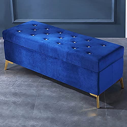 Polsterhocker aus Samt, mit Kristallknöpfen, Fußstütze für Schlafzimmer und Eingangsbereich, stilvolle funktionale Möbel, 80 x 42 x 45 cm, Marineblau von Generisch