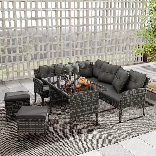 Poly Rattan Sitzgruppe Esstisch Lounge Gartenmöbel Sitzgarnitur Garten-Garnitur Set, Gartenlounge für 7 Personen, mit Sofa, Tisch, Hocker & Kissen, Abnehmbarer und waschbarer Stoffbezug,grau von Generisch