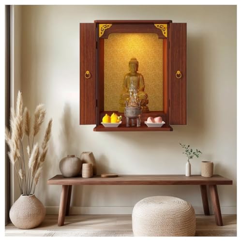 Pooja-Ständer aus Holz mit Tür, Wandregal mit LED-Licht, moderner Schrank für Zuhause und Büro von Generisch