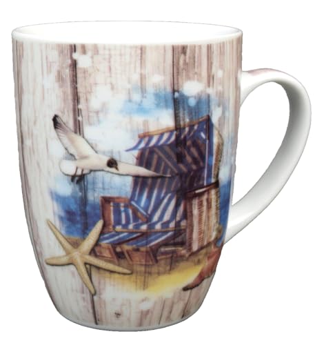 Porzellan Becher - Strandkorb - 350ml Kaffeebecher maritime Tasse Möwe Seestern Urlaub Geschenkidee von Generisch