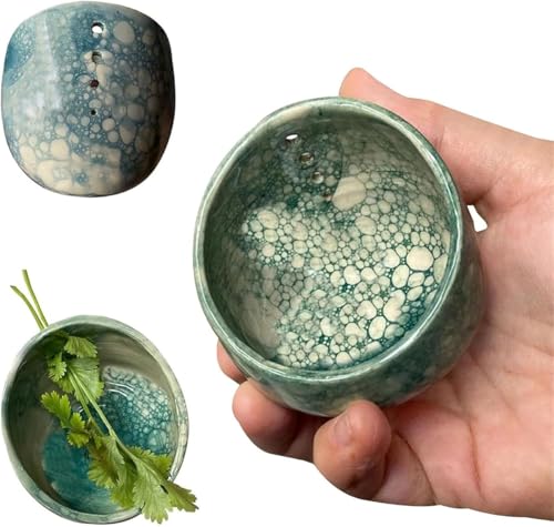 Pottery Herb Stripper Bowl,2025 New Herb Stripper Bowl Ceramic Pottery,Handmade Herb Stripper Tool,Different Round Hole Sizes Suitable For Peeling Off The Leafy (Cyan) von Generisch