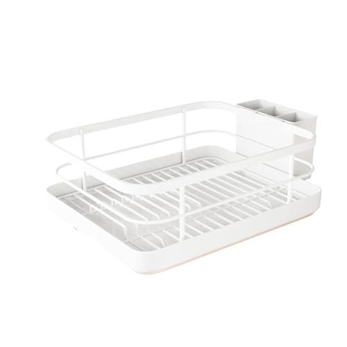 Praktisches Abtropfgestell Metall ABS für Geschirr Besteck mit Utensilienhalter optimal zur Aufbewahrung Dekoration in Küche Badezimmer (White, 34x26x16cm) von Generisch