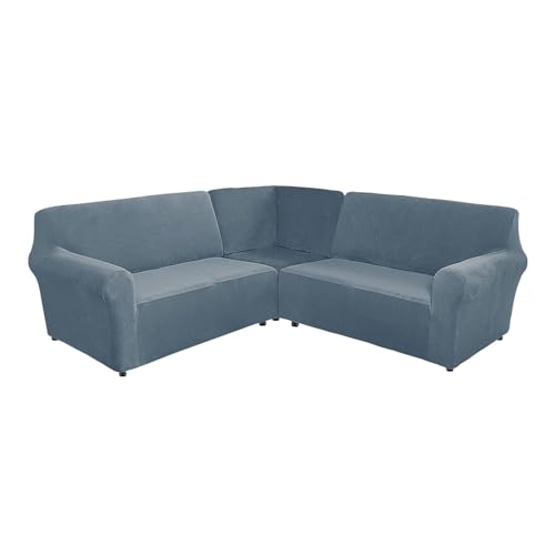 Premium 3-teiliger L-förmiger Ecksofabezug | weicher Stretch-Samt-Schonbezug für 5/7-Sitzer Sektionalcouch | dicker Plüschschutz in Graublau von Generisch