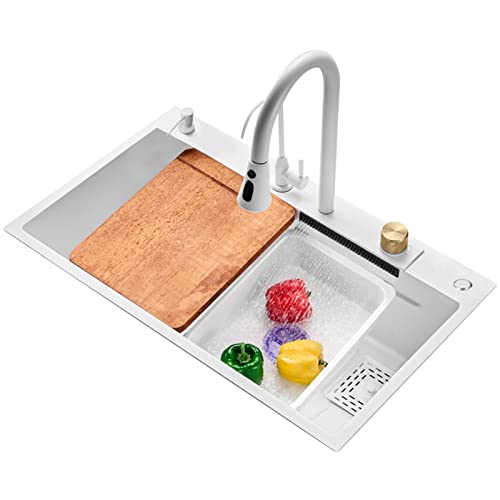 Premium 304 Edelstahl-Küchenspüle mit Nano-Wasserfall-Design, fliegender Regen-Wasserhahn, Drucktasse, Unterlegscheibe, Drop-In/Unterbau, 75 x 45 cm, Farbe B von Generisch