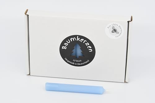 Premium Baumkerzen 12 Stück aus 100% Bienenwachs farbig mit edler rillen Prägung Christbaumkerzen (Hellblau) von Generisch