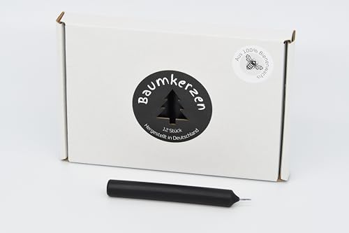 Premium Baumkerzen 12 Stück aus 100% EU Bienenwachs farbig bunt glatt 13x98mm Christbaumkerzen (Schwarz) von Generisch