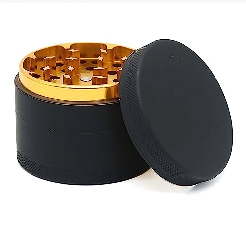 Premium Grinder Gold Aluminium I Crusher Mühle Scraper Kräutermühle, für Kräuter, Gewürze und mehr, mit Pollenbehälter und extra scharfen Zähnen für ein feines Erzeugnis (Schwarz Gold) von Generisch