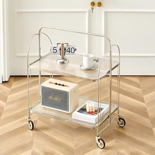 Premium Rollwagen mit Glasplatte und Edelstahlrahmen, klappbarer Servierwagen auf Rädern für Küche und Esszimmer, mobiles Aufbewahrungsregal, 63,5 x 43,2 x 78,7 cm von Generisch