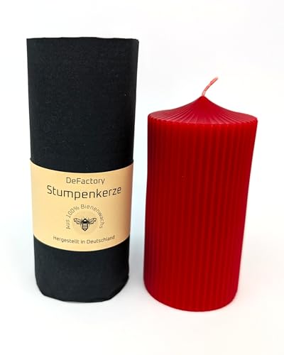 Premium Stumpenkerze 100% Bienenwachs Rillen Muster Prägung farbig 12cm x 55mm Haushaltskerze Brenndauer 30h (1, Rot) von Generisch