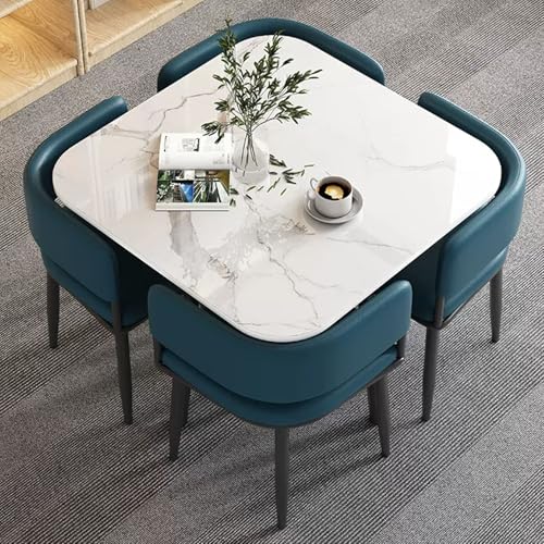 Quadratischer Esstisch Set mit 4 Stühlen für Büro & Zuhause Frühstück Bar Tisch & Stuhl Set Stilvolle blaue Küchenmöbel für Empfang & Esszimmer von Generisch