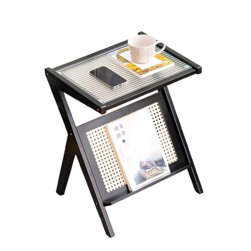 Rattan Beistelltisch, Mid-Century Nachttisch, Z-Förmige Couchtisch mit Glasplatte und Zeitschriftenständer für kleine Räume, 55 cm, Wohnzimmer und Schlafzimmer von Generisch