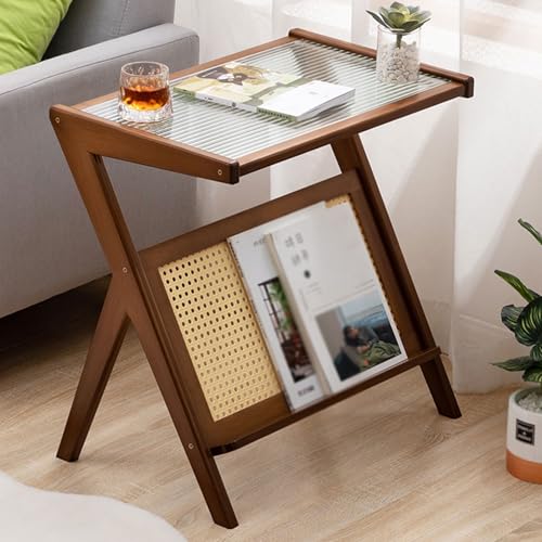 Rattan Beistelltisch, Mid-Century Nachttisch, Z-Förmige Couchtisch mit Glasplatte und Zeitschriftenständer für kleine Räume, 55 cm, Wohnzimmer und Schlafzimmer Rattan Beistelltisch, Mid-Century Nachttisch, Z-Förmige Couchtisch mit Glasplatte und Zeitschriftenständer für kleine Räume, 55 cm, Wohnzimmer und Schlafzimmer von Generisch