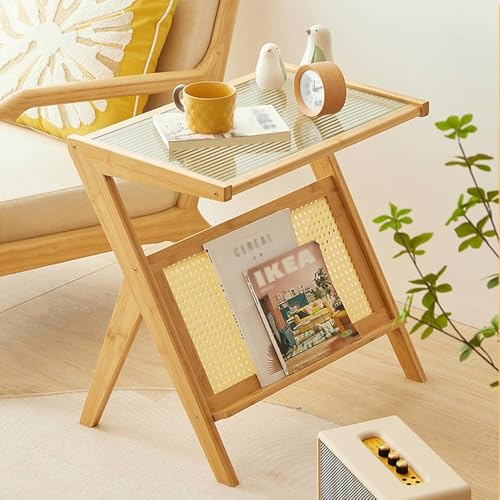Rattan Beistelltisch Z-förmiger Beistelltisch mit Zeitschriftenständer für Sofa, Bambus Boho Nachttisch, Glasplatte für kleinen Raum Wohnzimmer, Schlafzimmer von Generisch