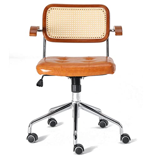 Rattan-Computerstuhl mit Retro-Drehgelenk-Design, ergonomischer gepolsterter Sessel mit leisen PU-Rädern für Home Office und Wohnzimmer von Generisch