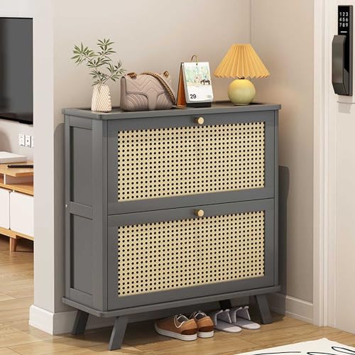 Rattan-Schuhschrank mit doppelschichtiger Aufbewahrung, Schuhregal für Flur, Innen- und Außenbereich, Schuhschrank mit herunterklappbarem Bechereingang. von Generisch