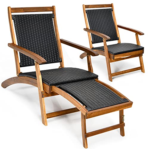 Rattan Sonnenliege Klappbar Freizeit Sessel mit Einziehbarem Fußhocker Outdoor Holz Liegestuhl für Terrasse Balkon Hof Garten (mit Weide Beistelltisch Braun) von Generisch