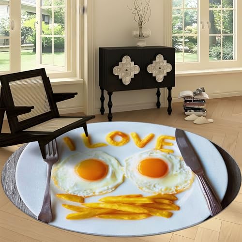 Realismus Waschbare Runde Teppiche, Teller Spiegelei Text Rutschfester Runder Läufer für das Wohnzimmer - Weicher Niedrigfloriger 150 cm Teppich für unter den Esstisch Realismus Waschbare Runde Teppiche, Teller Spiegelei Text Rutschfester Runder Läufer für das Wohnzimmer - Weicher Niedrigfloriger 150 cm Teppich für unter den Esstisch von Generisch