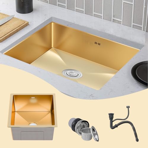 Rechteckige Edelstahl-Küchenspüle mit Ablauf- und Ablaufrohr, 60 cm, goldfarben von Generisch