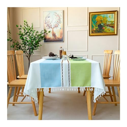 Rechteckige Tischdecke, 110 x 110 cm, waschbar, Polyester mit Streifen und Quasten, ideal für Café und Restaurant, Buffet-Tischdecke, Blau / Grün von Generisch